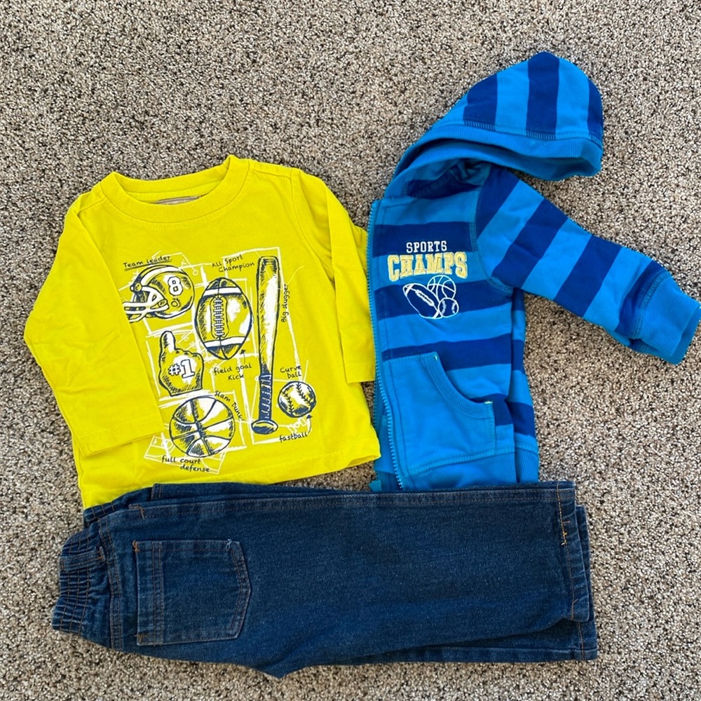 Sporty Boys 12 month Outfit. Hoody, tee, and jeans.